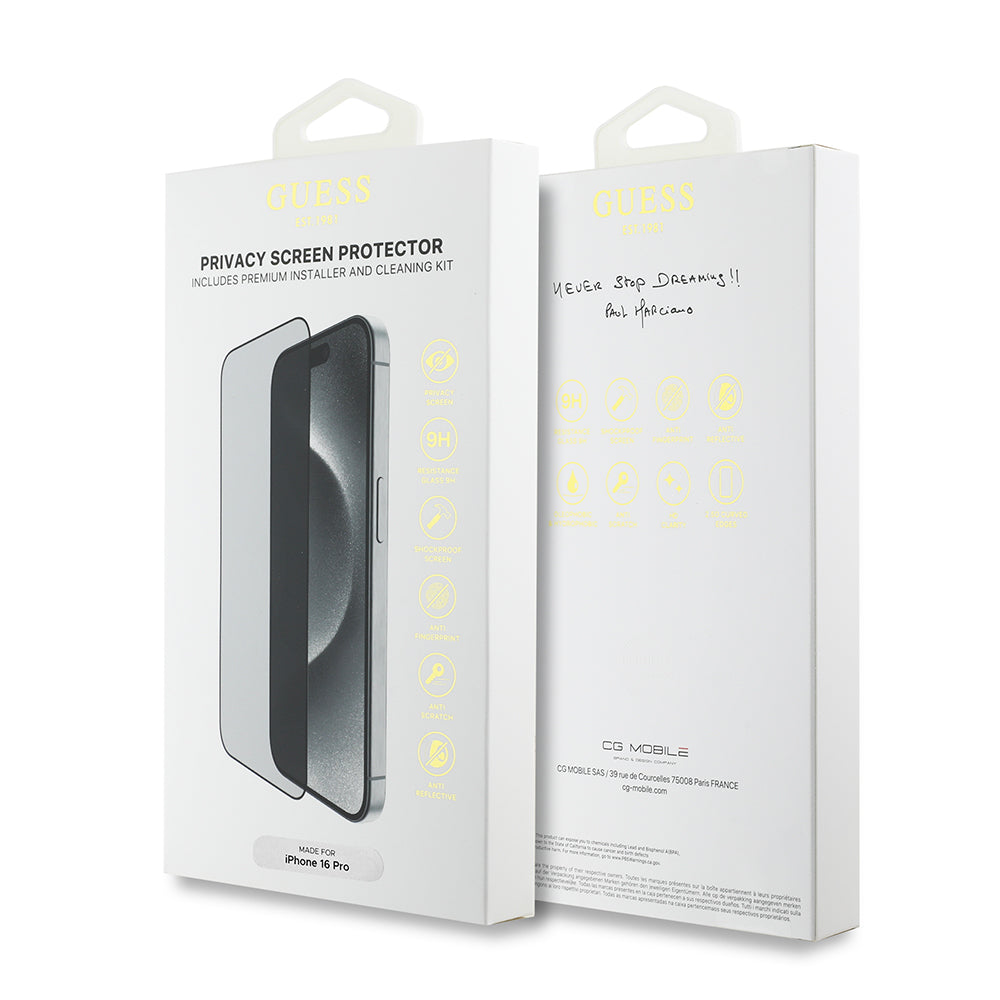 Guess iPhone 16 Orjinal Lisanslı Hayalet Privacy Temperli Cam Ekran Koruyucu Uygulama Aparatlı Outline Serisi Guess iPhone 16 Orjinal Lisanslı Hayalet Privacy Temperli Cam Ekran Koruyucu Uygulama Aparatlı Outline Serisi